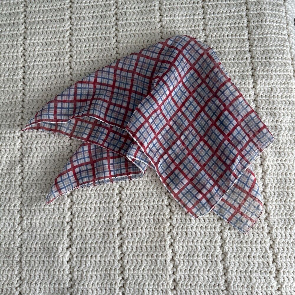 Red White Blue Plaid Scarf 20" Square Sheer Polyester Patriotic Americana USA